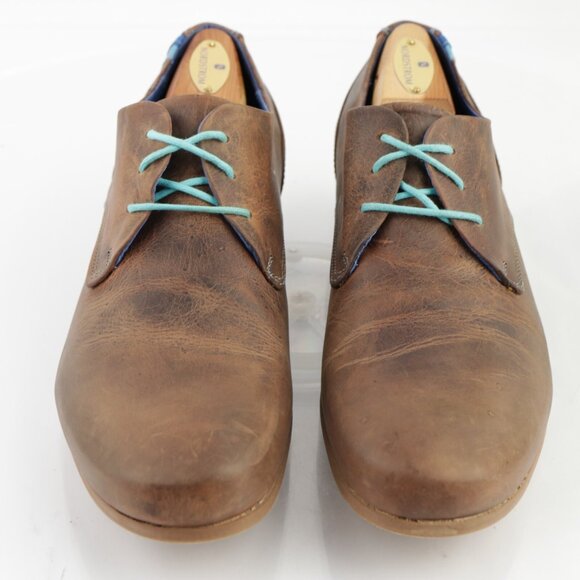 John Fluevog Mens CBC Radio Oxfords Size 8 M Brown Leather Turquoise Dress Shoe - Picture 2 of 16